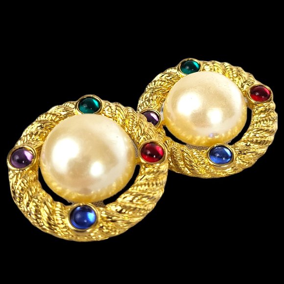 90's Earrings Pearlized Cabochons Gold Tone jewel Accents - Picture 3 of 7